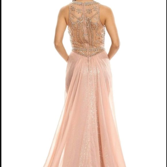 Eureka Sequin Illusion Halter Evening Prom Dress W/Sheer Overlay Rose Gold XS - Picture 10 of 11